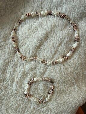 Natural Shell Chip Necklace and Bracelet Set - Cream & Tan